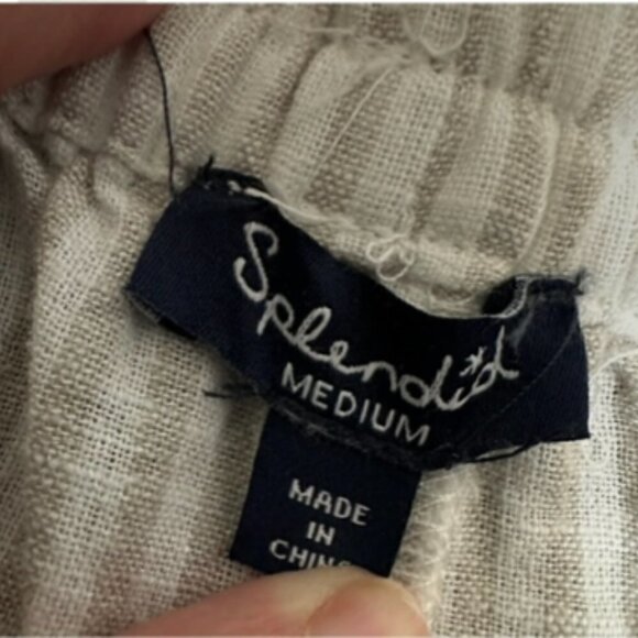 Spendid Elastic Waist Linen Blend Tan Cream Stripe Pants, Medium - Picture 6 of 8